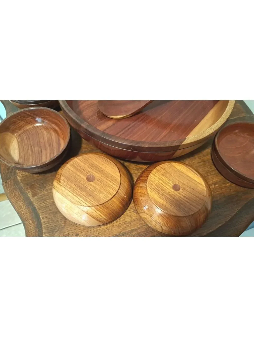 Vintage Hand Carved Teak Wood 7 Pc Salad Set Serving Pieces